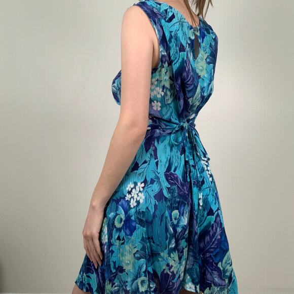 Vintage Rag Tropical Floral Blue Tie Back Dress - Picture 3 of 10